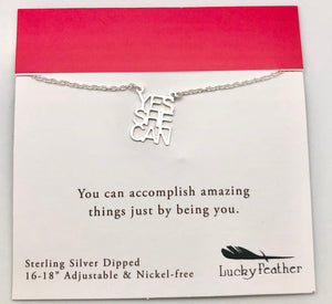 Lucky Feather Strong and Sassy Yes She Can Gold Charm Necklace