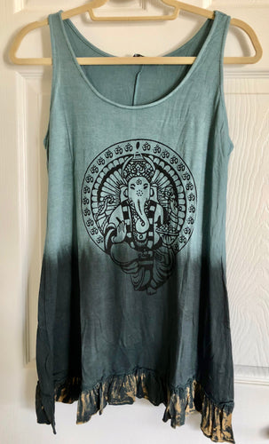 Yak & Yeti Gray Blue Dip Dye Ganesh Print Sleeveless Tunic Shirt with Ruffle Trim