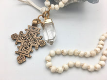 Cheryl Dufault Designs Bone Knotted Mala Necklace with Tuareg Cross and Crystal Point