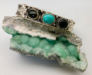 Nepali Vintage Silver Cuff Bracelet with Turquoise and Onyx Cabochon
