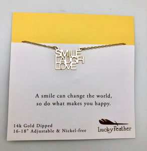Lucky Feather Strong and Sassy Smile Laugh Love Gold Charm Necklace