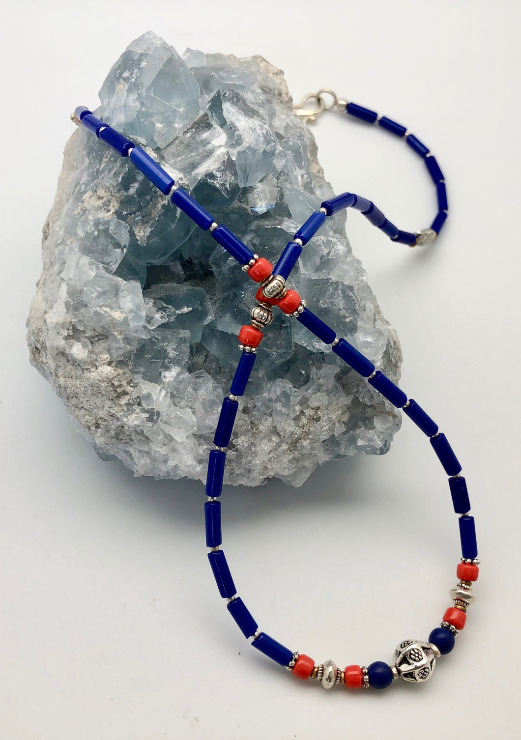 Nepali Blue Serenity Lapis & Coral Small Bead Necklace