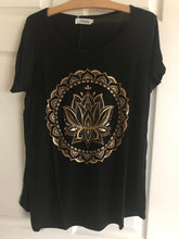 Black and Gold Lotus Design Drapey Short Sleeve Top Yoga Shirt