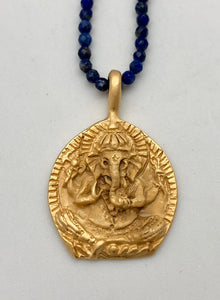 Bhakti Panda Blissful Beginnings Gold Ganesh Pendant on Lapis Necklace