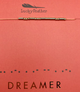 Lucky Feather Morse Code Dreamer Gold Bead Necklace