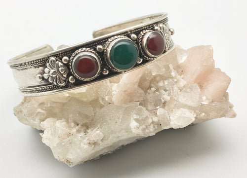 Vintage Nepali Hidden Dragon Cuff Bracelet with Carnelian and Green Onyx Cabochons