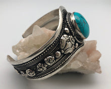 Modern Tibet Nepali Silver Cuff Bracelet with Turquoise Cabochon -Communication and Fortune