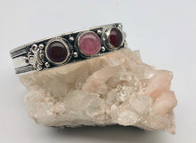 Modern Tibet Silver Cuff Bracelet with Garnet and Rose Quartz Cabochons