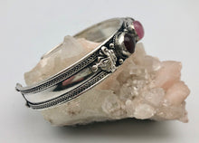 Modern Tibet Silver Cuff Bracelet with Garnet and Rose Quartz Cabochons