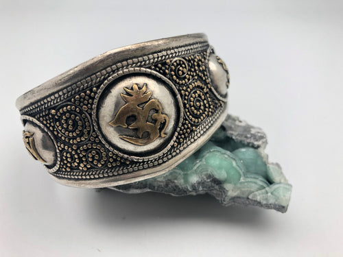 Modern Tibet Nepali Silver and Brass Cuff Bracelet with Filigree Om Symbols