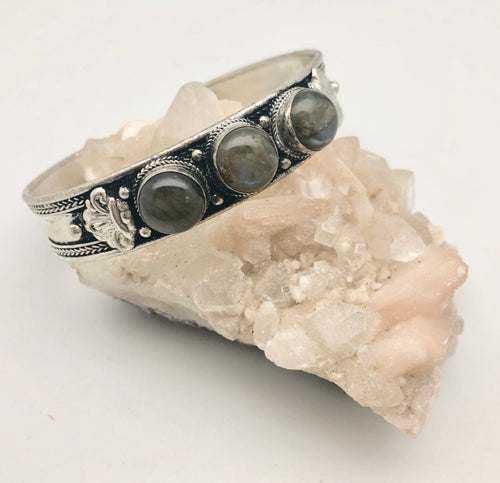 Modern Tibet Silver Cuff Bracelet with Labradorite Cabochons