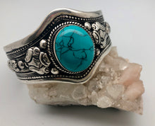 Modern Tibet Nepali Silver Cuff Bracelet with Turquoise Cabochon -Communication and Fortune