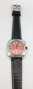 Peyote Bird Coral Face Watch with Black Leather White Stitched Band