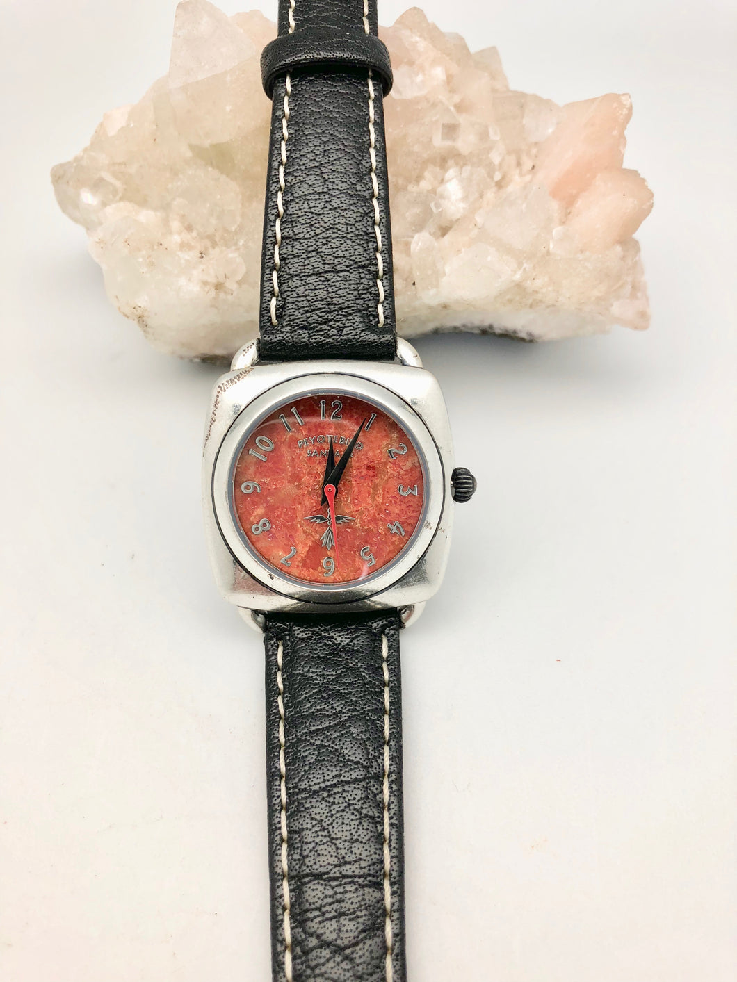 Peyote Bird Coral Face Watch with Black Leather White Stitched Band