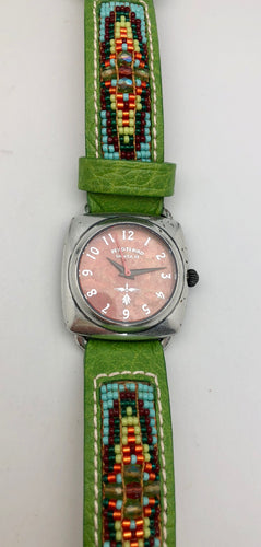 Peyote Bird Coral Face Watch with Chili Rose Green Native Beaded Band