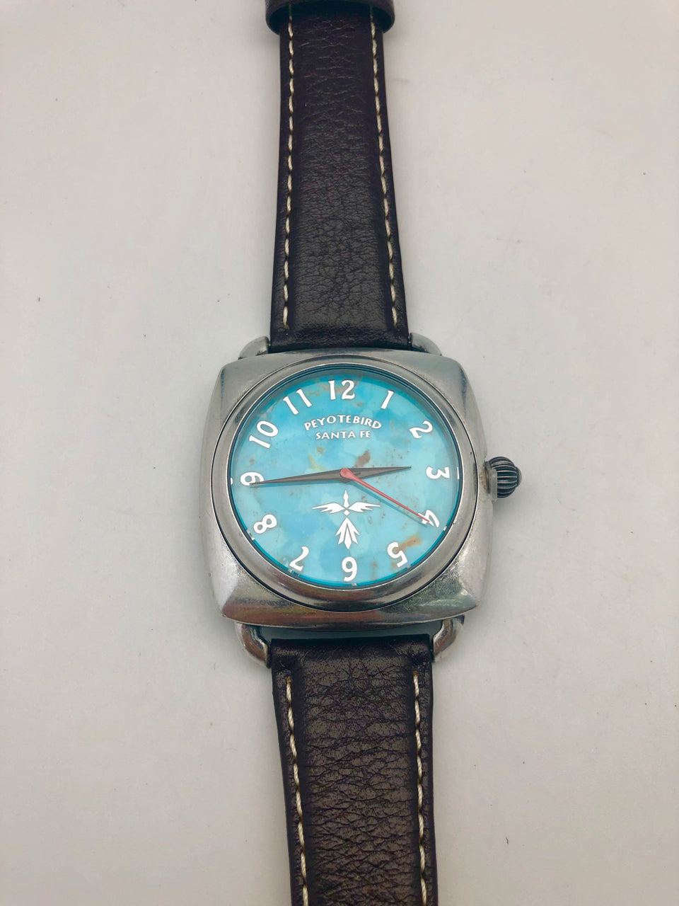 Peyote Bird Large Turquoise Face Watch with Dark Brown Leather Overstitched Band