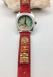 Peyote Bird Turquoise Face Watch with Red Bead Chili Rose Band