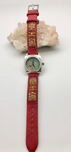 Peyote Bird Turquoise Face Watch with Red Bead Chili Rose Band