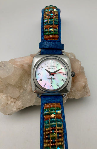 Peyote Bird Pearl Face Watch with Blue Bead Chili Rose Band