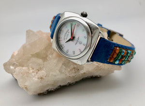 Peyote Bird Pearl Face Watch with Blue Bead Chili Rose Band