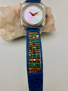 Peyote Bird Pearl Face Watch with Blue Bead Chili Rose Band