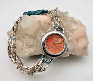 Peyote Bird Coral Face Watch with Thai Silver Bead Bracelet Band