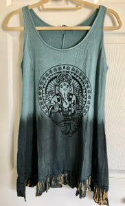 Yak & Yeti Gray Blue Dip Dye Ganesh Print Sleeveless Tunic Shirt with Ruffle Trim