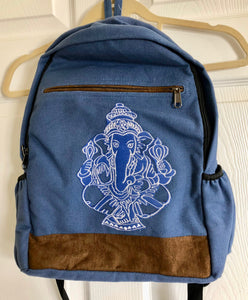 Embroidered White Ganesh on Blue Cotton Backpack from Nepal