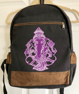Embroidered Purple and White Ganesh on Black Cotton Backpack from Nepal