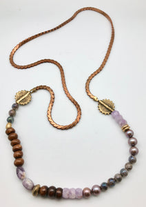 Cheryl Dufault Designs Amethyst Mala with Vintage Brass Chain and Pearls