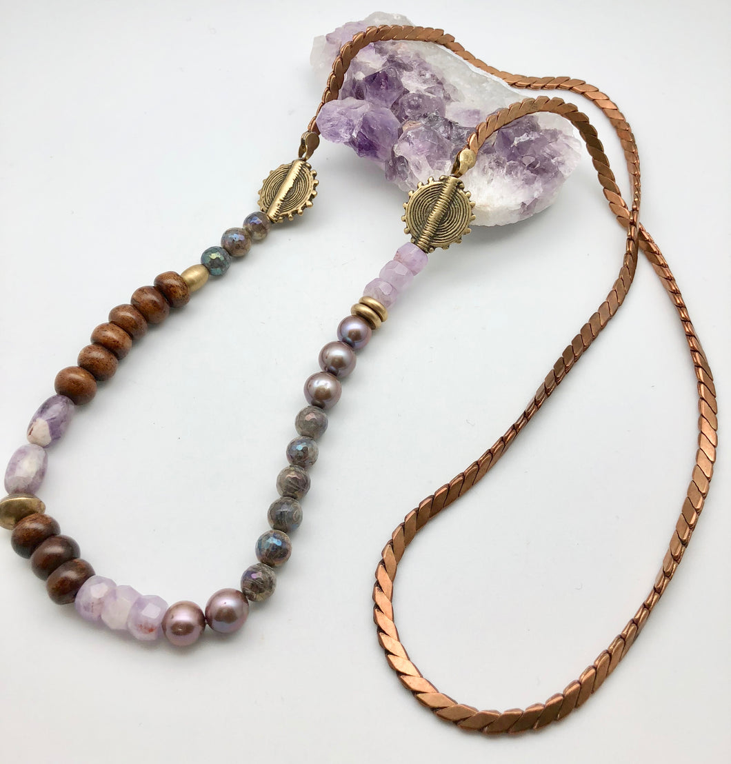 Cheryl Dufault Designs Amethyst Mala with Vintage Brass Chain and Pearls