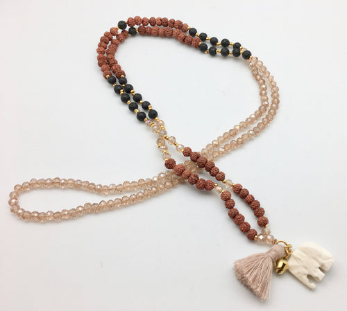 Rudraksh Seed & Crystal Mala Necklace with Lucky Elephant