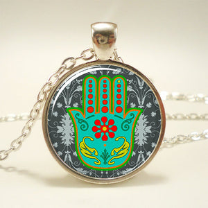 You Are Protected Hamsa Pendant Under Glass on Chain Necklace