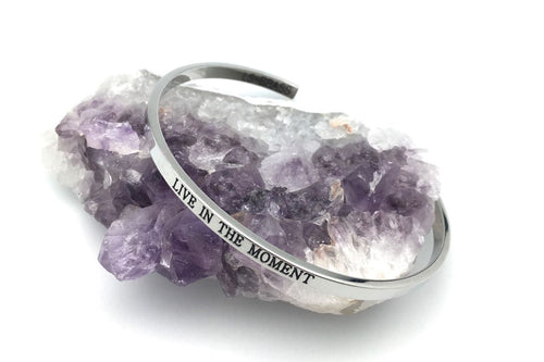 Silver Affirmation Bangle Bracelet - Live in The Moment