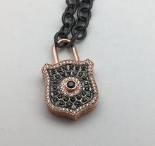 Bhakti Panda I Will Protect You Pink Gold, White Topaz & Black Sapphire Lock on Black Chain Necklace