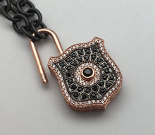 Bhakti Panda I Will Protect You Pink Gold, White Topaz & Black Sapphire Lock on Black Chain Necklace