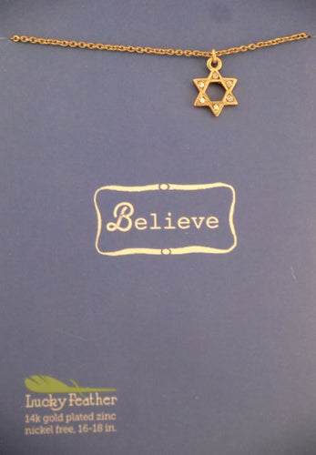Lucky Feather Believe Gold Star of David Necklace