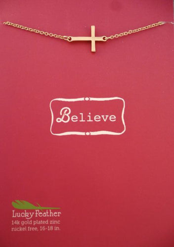 Lucky Feather Believe Gold Cross Necklace