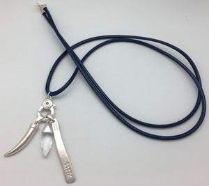 Marlyn Schiff Blue Snake Charm Catcher Necklace with Crystal and Silver Horn Charm