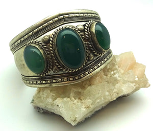 Nepal Silver Cuff Bracelet with Green Onyx Cabochons