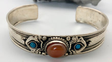 Nepali Vintage Silver Cuff Bracelet with Carnelian and Turquoise Cabochon