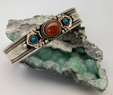 Nepali Vintage Silver Cuff Bracelet with Carnelian and Turquoise Cabochon