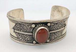 Nepali Vintage Silver Cuff Bracelet with Large Carnelian Cabochon