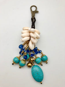Lucky Turquoise Nugget Key Chain with Bells and Cowrie Shells