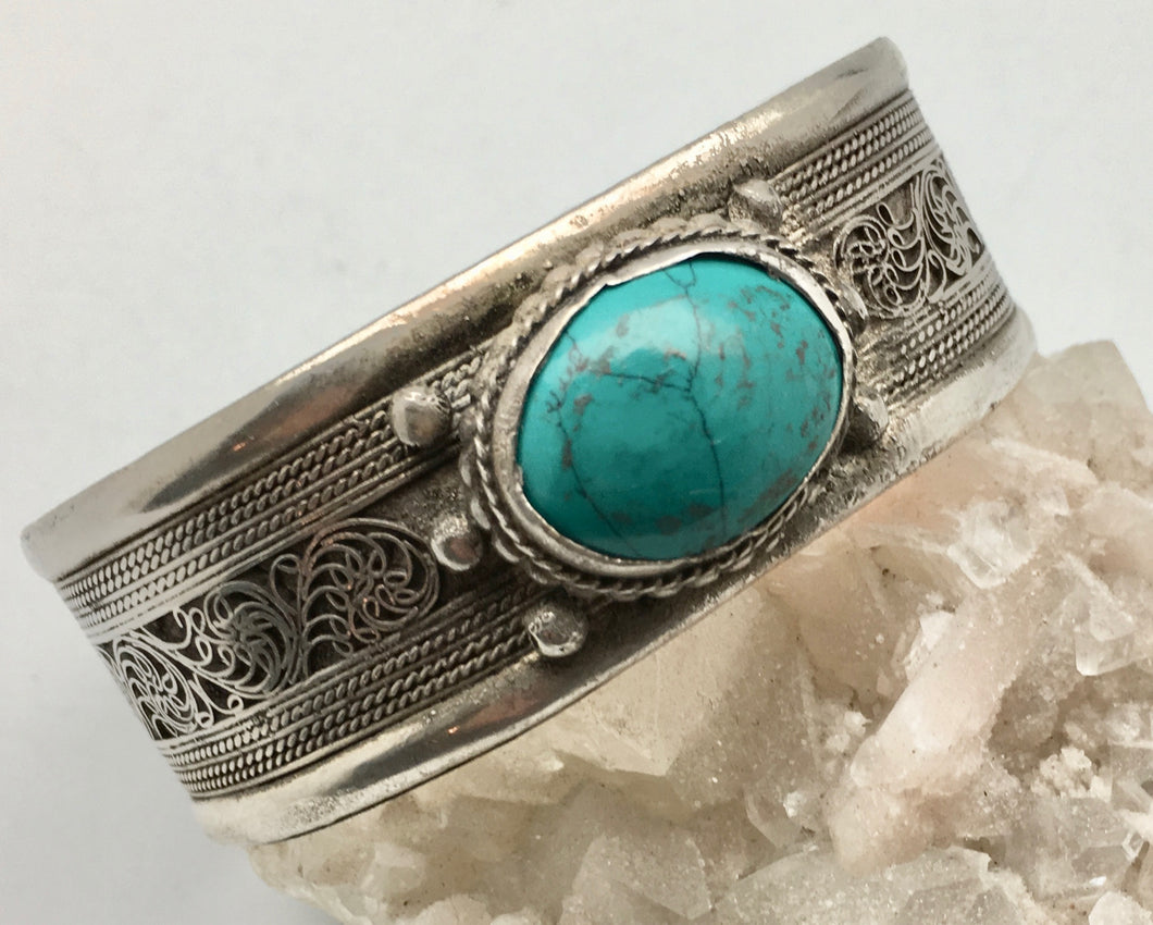 Nepali Silver Filigree Cuff Bracelet with Turquoise Cabochon and Hidden Dragon