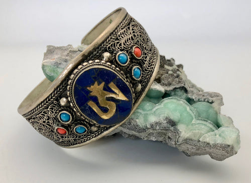 Modern Tibet Silver and Lapis Om Large Cuff Bracelet with Turquoise and Coral