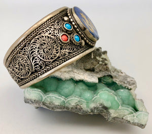 Modern Tibet Silver and Lapis Om Large Cuff Bracelet with Turquoise and Coral
