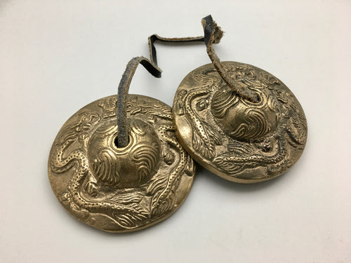 Nepali Bronze Tingsha Bells with Dragon or Eight Auspicious Symbol Design