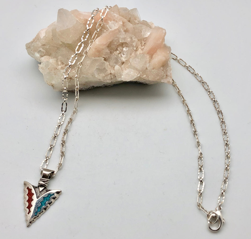 Peyote Bird Coral and Turquoise Warrior's Truth Silver Arrow Head Charm Necklace