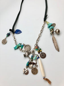 Peyote Bird Protection and Strength Necklace with Fetish and Silver Charms